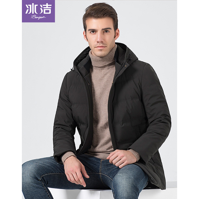 冰洁2018秋冬新品羽绒服男中长款连帽时尚保暖外套J80141003 175/92A 深石绿4170