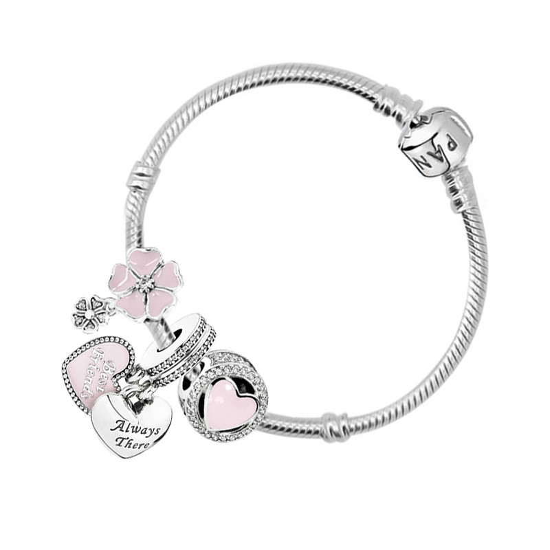 pandora/潘多拉粉色诗花绽放925银串饰手链套装DIY饰品 ZH-001 17CM