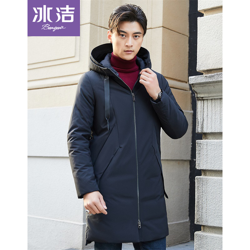 冰洁中长款羽绒服男连帽冬季过膝时尚保暖青年潮外套J80142007 185/100A 黑色8056
