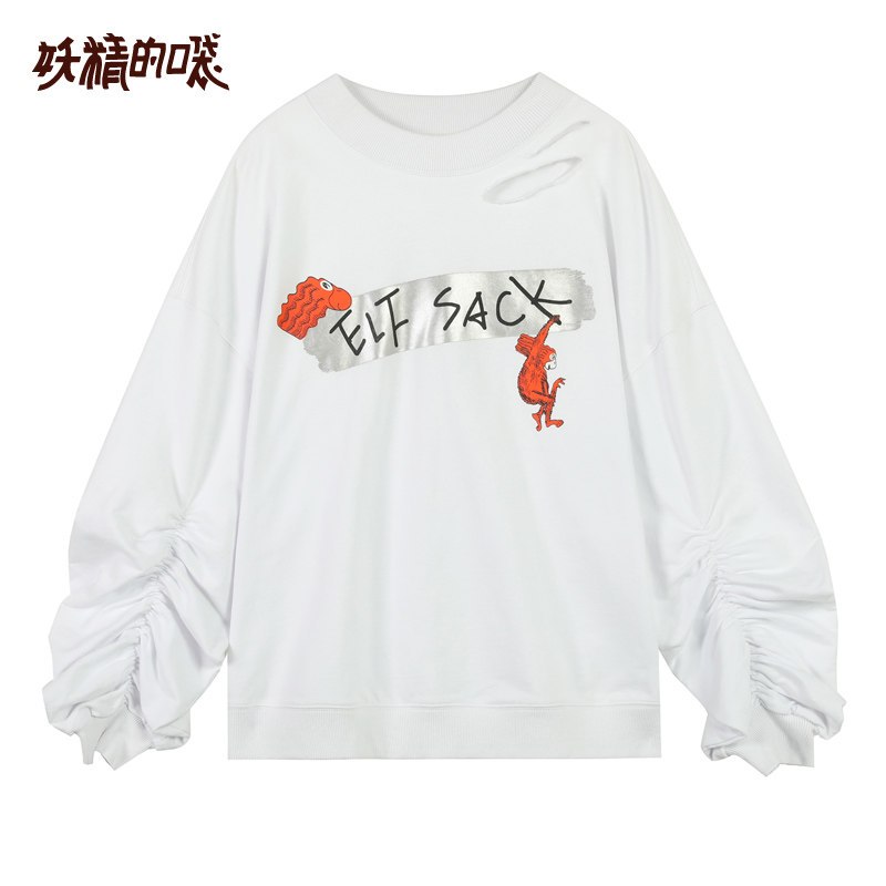 妖精的口袋怪脸猴2019新款女装春装套头圆领卫衣宽松破洞印花上衣 M 健忘白色