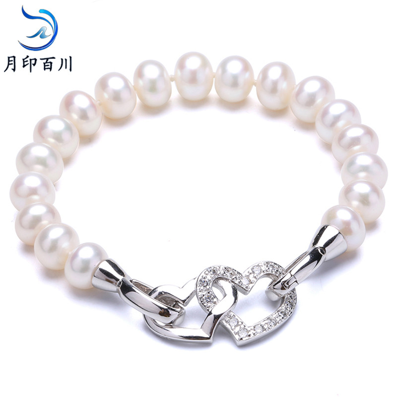 s925银心连心珍珠手链女款珍珠时尚手链 白色珍珠17cm