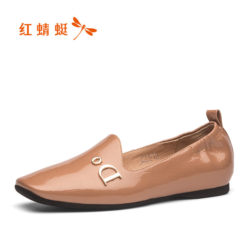 红蜻蜓女鞋2019春季新款英伦简约休闲懒人鞋方头套脚软底百搭单鞋 杏色 39码