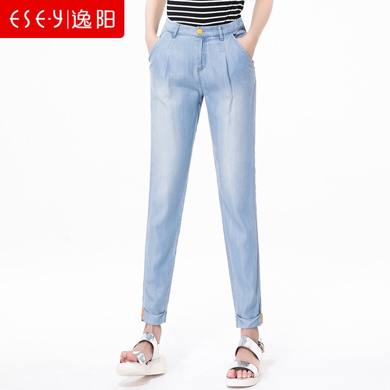 女裤2019春夏新款天丝牛仔裤女哈伦裤九分小脚裤薄款宽松萝卜裤 11/29 浅蓝色款