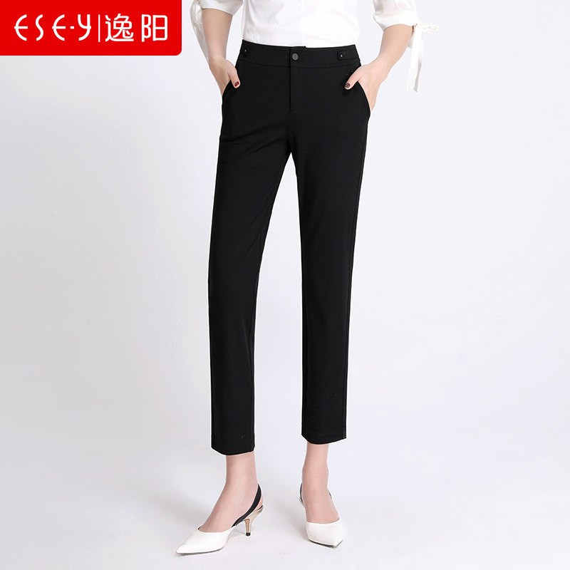 大码黑色休闲裤女宽松百搭直筒2019春秋新款简约韩版小西裤九分裤_1 34/21 黑色