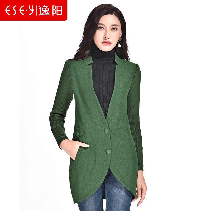 2019春季新款修身中长款羊毛薄毛呢2粒扣开衫外套上衣女清仓1151 S 绿色