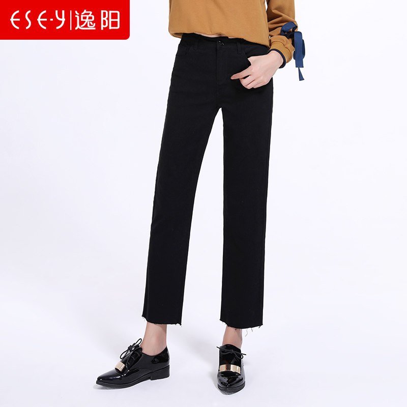 毛边脚口休闲高腰修身显瘦百搭2019春新款九分直筒女裤子正品5318 31/17 黑色