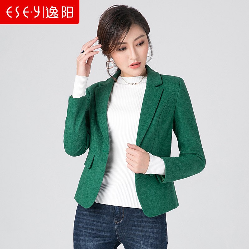 羊毛呢子收腰短款西装小外套上衣一粒扣_1 2XL 绿色