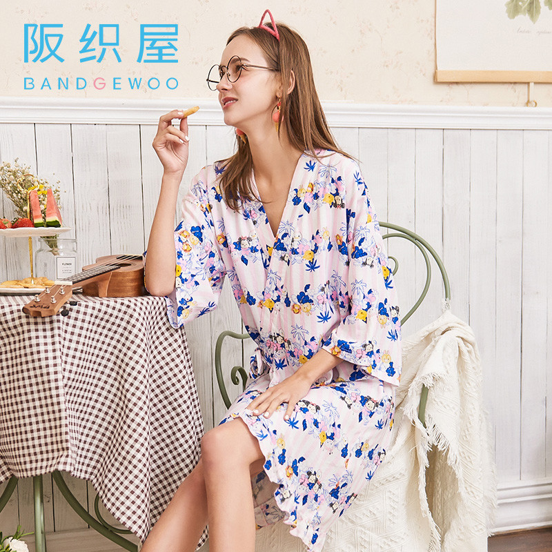 阪织屋睡衣女迪士尼日系卡通春秋家居服薄款亚麻短袖和服连衣睡裙 均码 粉色