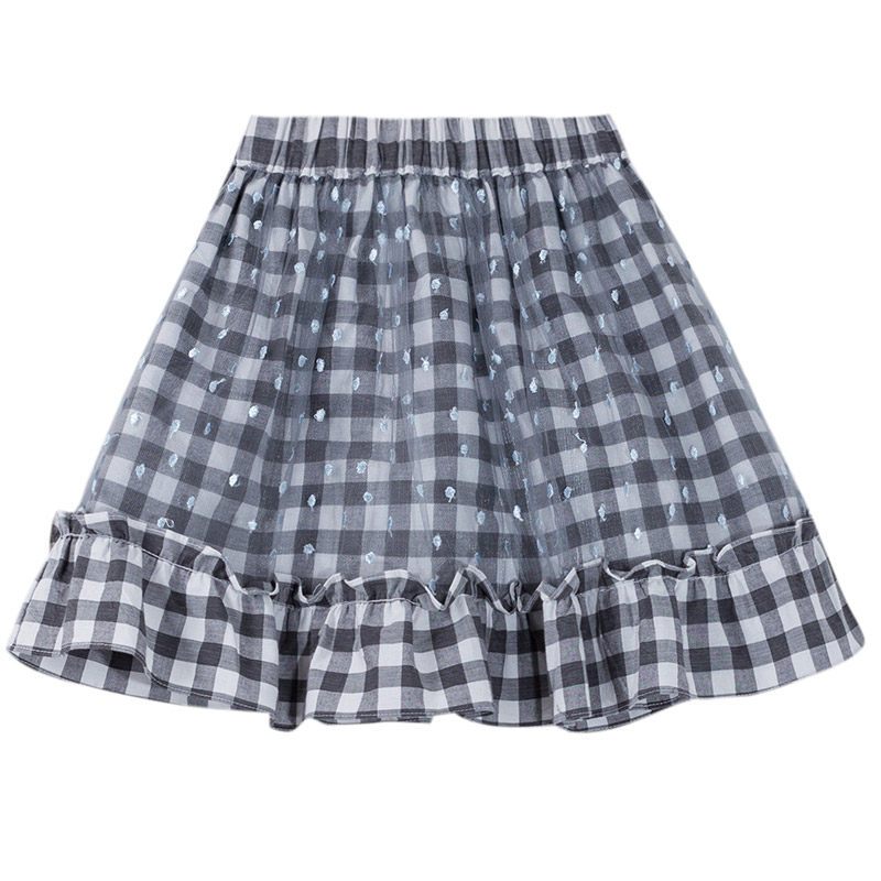 茵曼童装女童纱裙子2019春5-6-7岁小女孩半身裙格子纱纱裙 深灰色 130cm