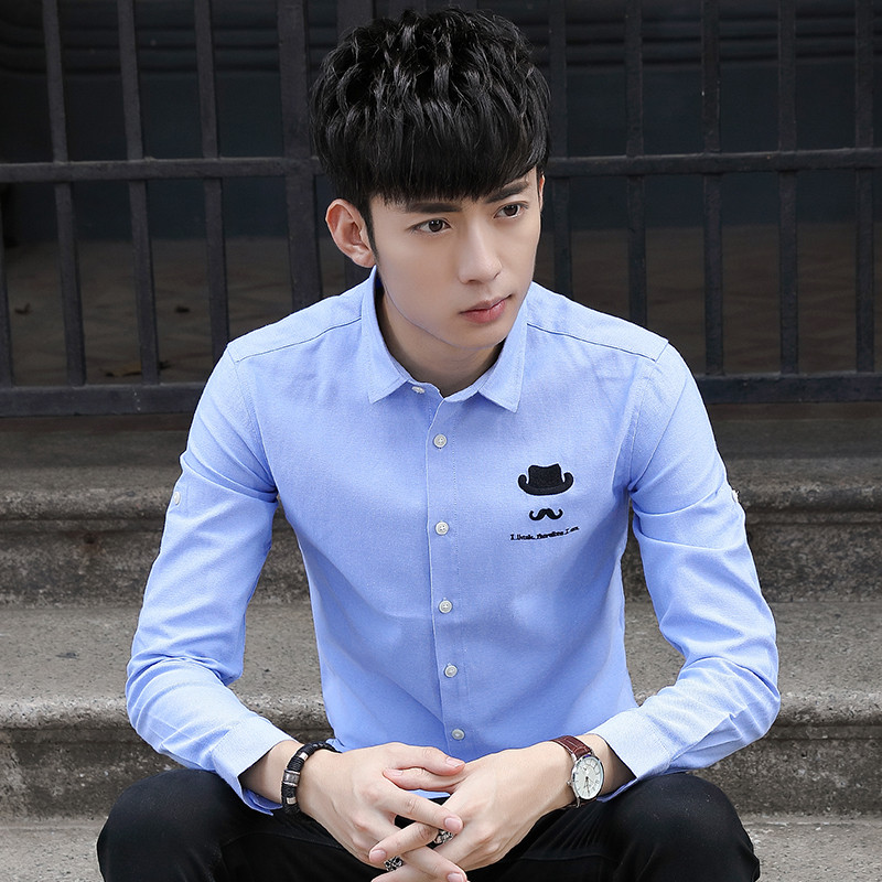 三弦 2019春秋季新款长袖衬衫男韩版潮流休闲上衣JU-CS-S30 JU-CS-S30湖蓝色 M