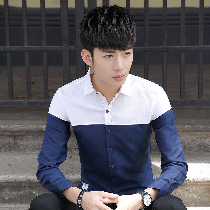 庄吉 2019新款男士衬衫韩版潮流拼接寸衫衣简约衬衣JU-CS-S32 JU-CS-S32深蓝色 M
