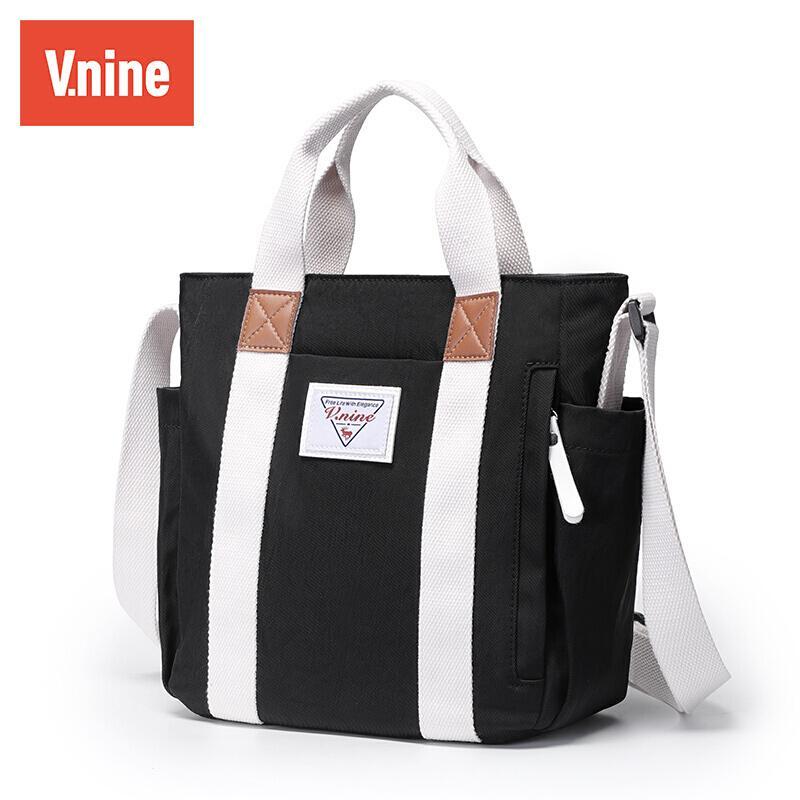 第九城（V.NINE）包包女包韩版百搭单肩包锦纶日系撞色时尚大容量手提女士斜挎包_1 黑色