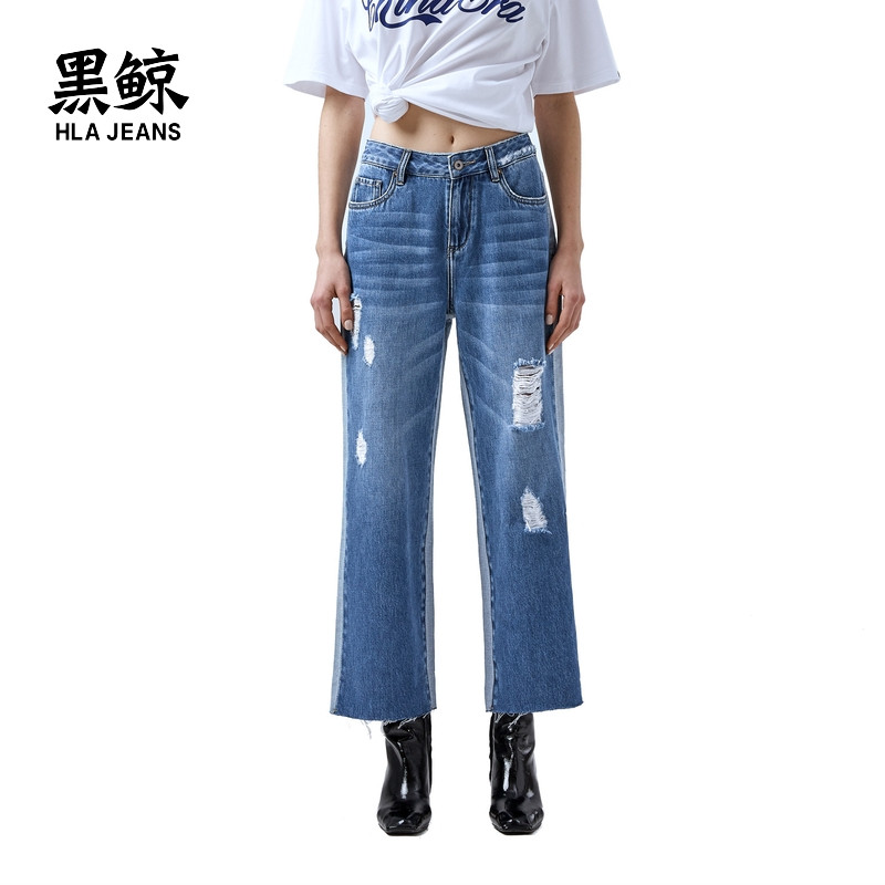 黑鲸HLAJEANS宽松牛仔九分裤女2019春季复古磨白破洞裤子女海澜潮牌CKNAJ29101A 牛仔蓝镶拼A1 170/76A