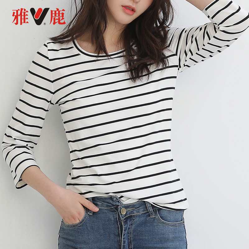 yaloo/雅鹿2019春夏新款女式时尚条纹T恤韩版修身内搭白T 白底黑条 S