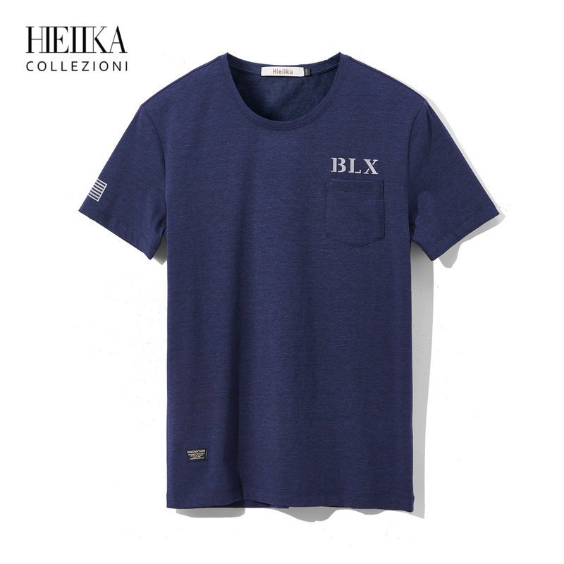 Hieiika海一家男装2019夏季字母印花口袋装饰短袖T恤_1 175/92A/L 藏青E6
