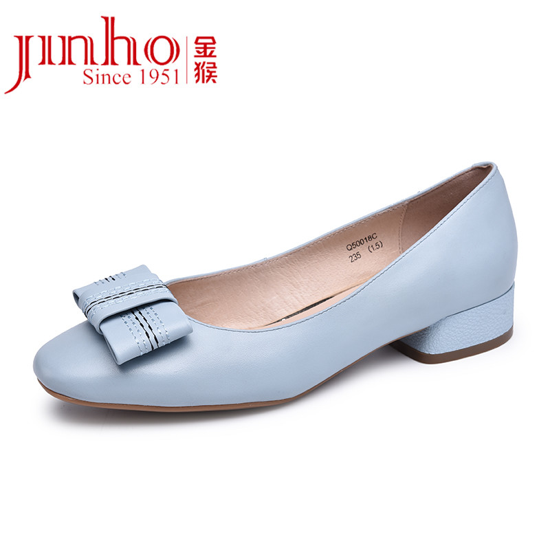 金猴（JINHOU）19春季韩版牛皮粗跟 百搭浅口复古 气质女士单鞋 Q50018 浅蓝色 38码