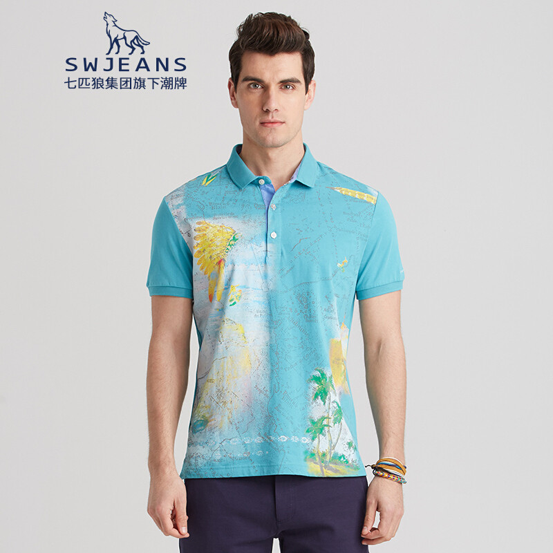 七匹狼swjeans夏季新款纯棉时尚个性地图印花短袖POLO衫男商场同款_1 180 浅绿