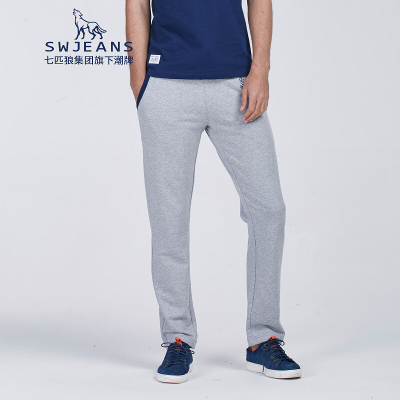 SWJEANS七匹狼运动风弹力舒适学院风刺绣针织休闲裤男_2 185 花灰色
