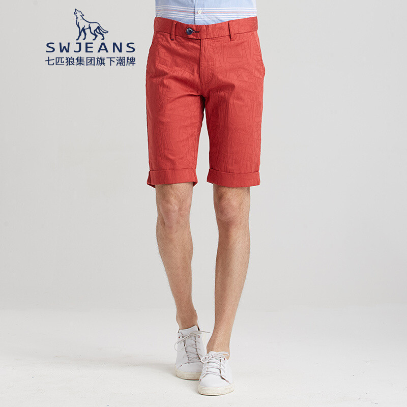 七匹狼swjeans休闲纯色透气直筒时尚五分短裤男_1 165 砖红