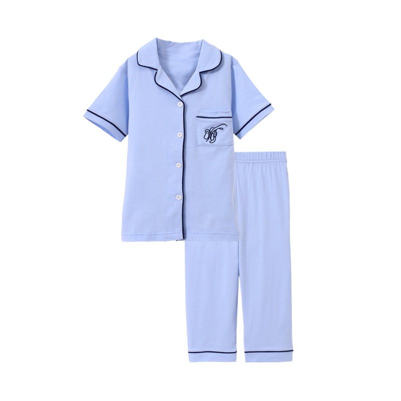 南极人儿童棉质家居服套装男童女童春夏季空调服睡衣睡裤短袖 86523蓝色 120cm