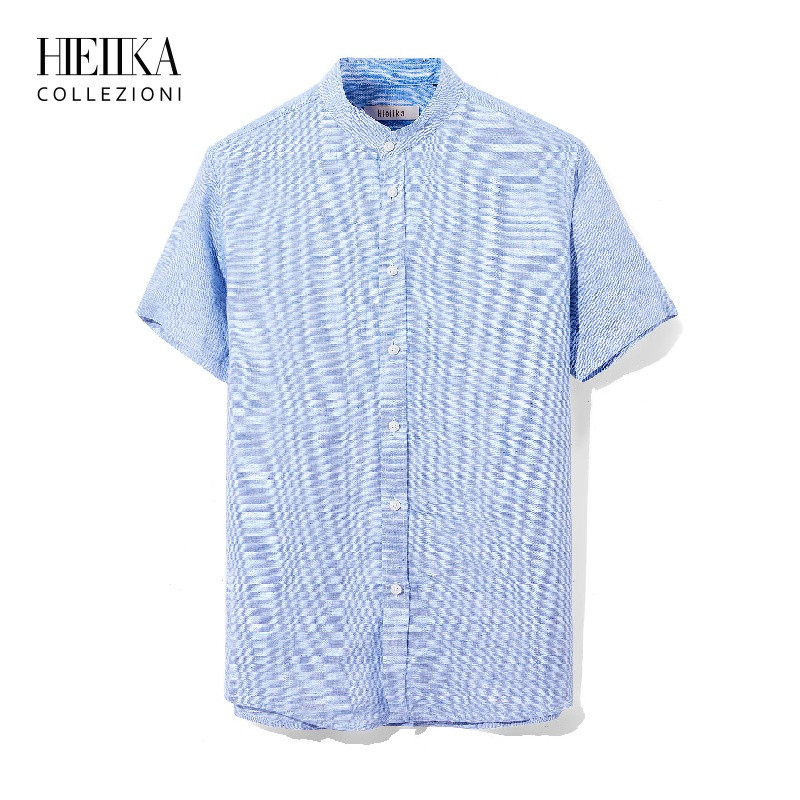 Hieiika海一家男装2019夏季简约纯色舒适透气休闲短袖衬衫_1 175/92A 浅蓝条纹WD