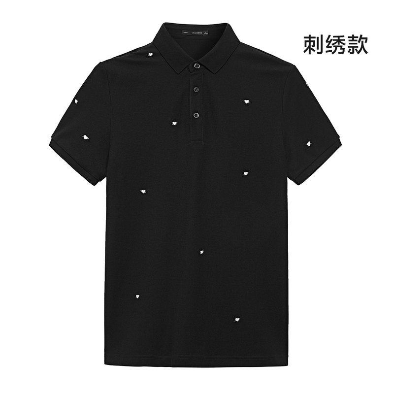 太平鸟男装2018夏季新款刺绣印花翻领T恤衬衫领POLO衫男士保罗衫_1 XXL 黑色（刺绣款）