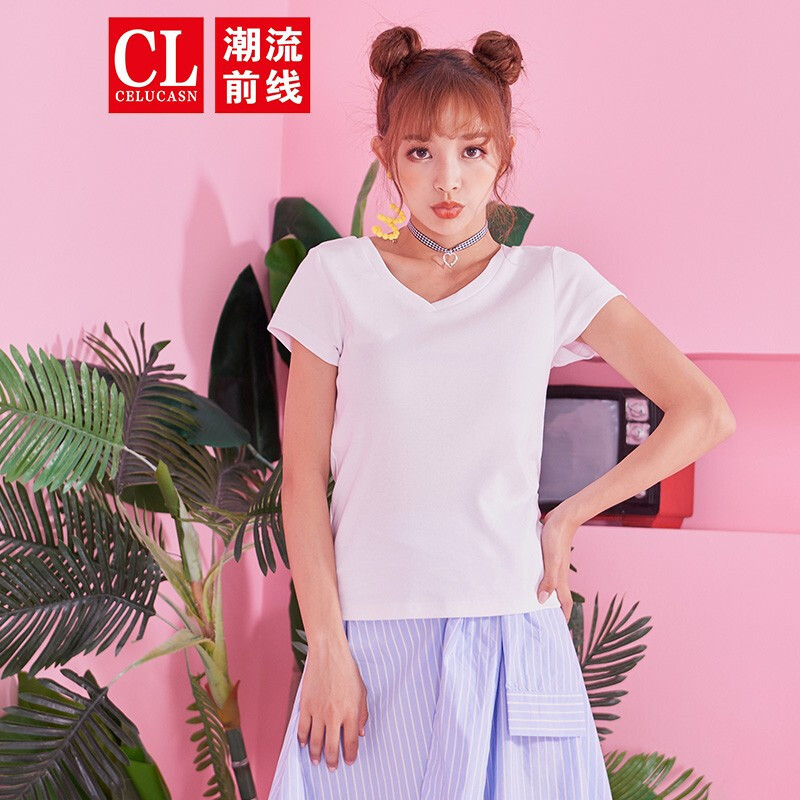 潮流前线2019夏季韩版V领纯色休闲短袖女T恤青春校园女士上衣_1 XL 白色