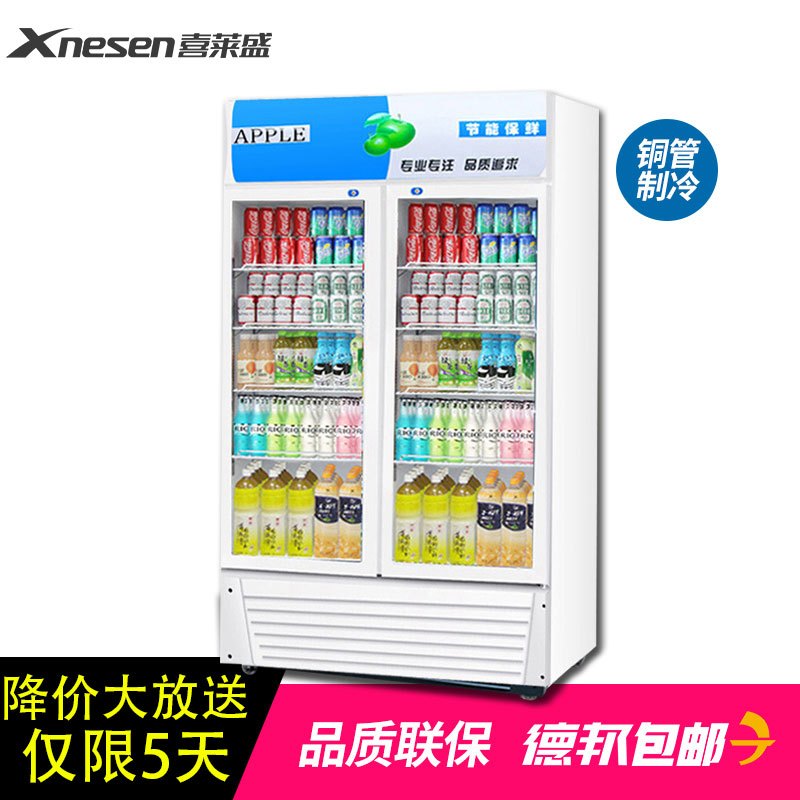 Xnesen喜莱盛680L商用展示柜全铜制冷饮料柜冰柜陈列柜商用冰箱双门展示柜饮料展示柜啤酒冰箱冷饮柜风冷蓝白色
