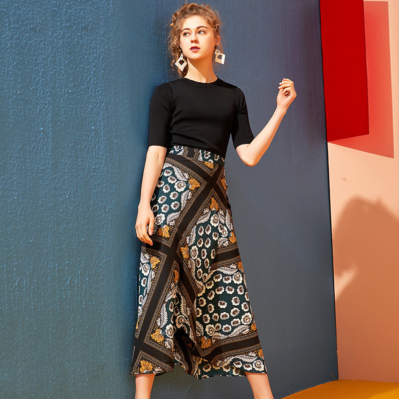依尚街区港风复古印花不规则裙子两件套女2019新款时尚洋气套装 L 黑色