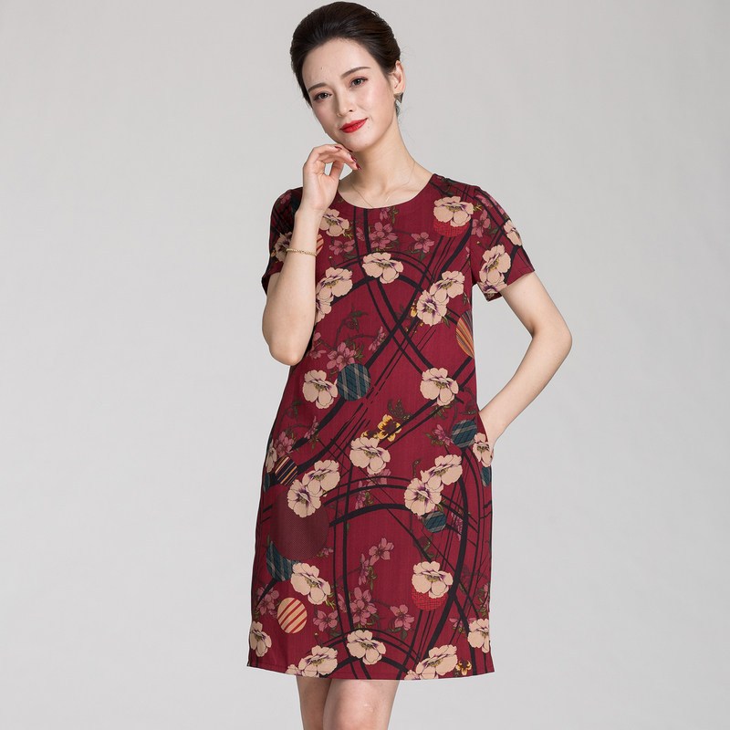 恒源祥中年夏装雪纺短袖连衣裙2019新款中老年女装碎花长裙妈妈装 4XL 8027红色1