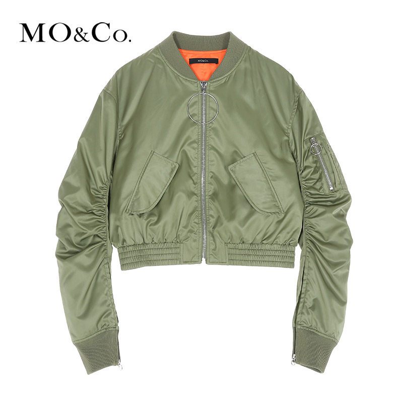 MOCO冬季纯色立领修身短款轻薄棉服外套女摩安珂 M/165 浅军绿色