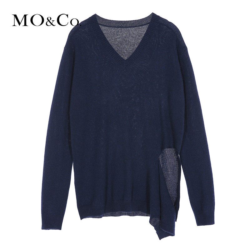 MOCO复古V领不规则开衩下摆羊毛衫女moco XS/155 深宝蓝色