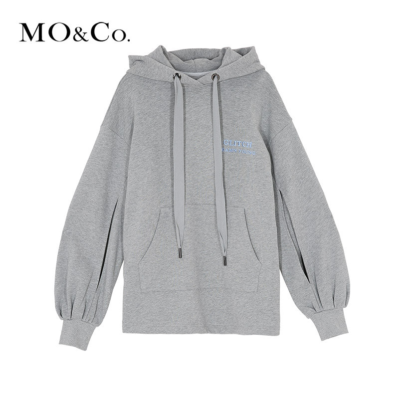 MOCO春季连帽刺绣卡通白色体恤宽松长袖黑T恤女ins潮 L/170 中花灰色