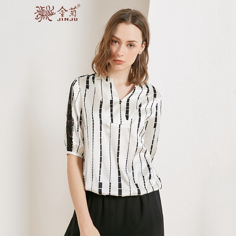 金菊2019春夏新款女装v领真丝印花上衣女士桑蚕丝短袖T恤时尚百搭蕾丝拼接真丝上衣女 115 白色