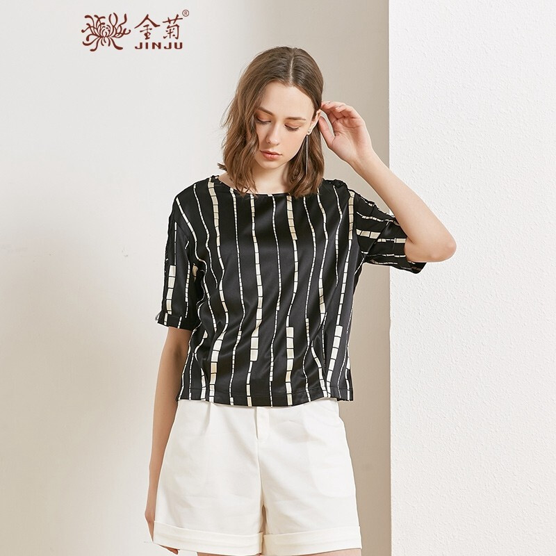 金菊2019春夏新款女装圆领真丝印花上衣女士桑蚕丝短袖T恤宽松显瘦大码装真丝上衣蕾丝拼接T XXL 条纹黑