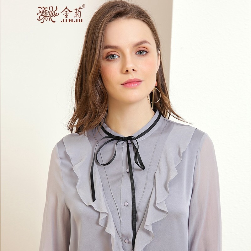 金菊女装2019春夏季新款真丝衬衫女士长袖桑蚕丝上衣修身显瘦荷叶边系带衬衣女_1 浅灰 XXL