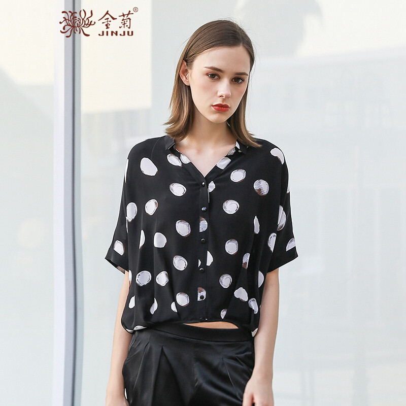 金菊真丝上衣女士春夏新款100%桑蚕丝衬衫女v领中袖波点上衣韩版宽松显瘦衬衣女款重磅真丝大 黑白花 2XL