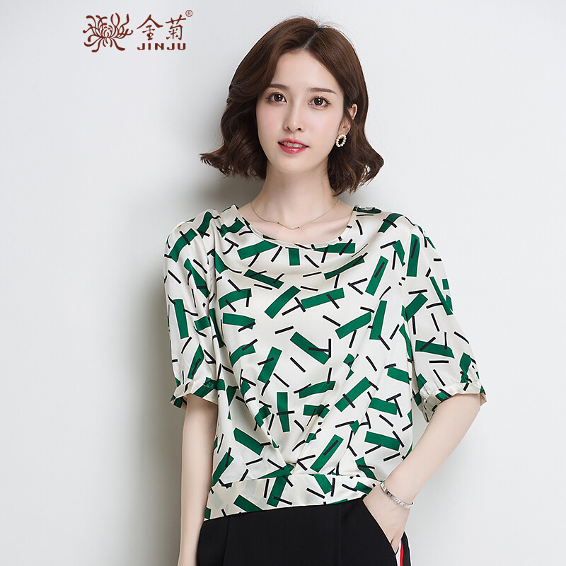 金菊女装真丝印花T恤女士夏季新款桑蚕丝上衣女圆领中袖真丝上衣宽松显瘦蚕丝大码装女 2XL 绿色