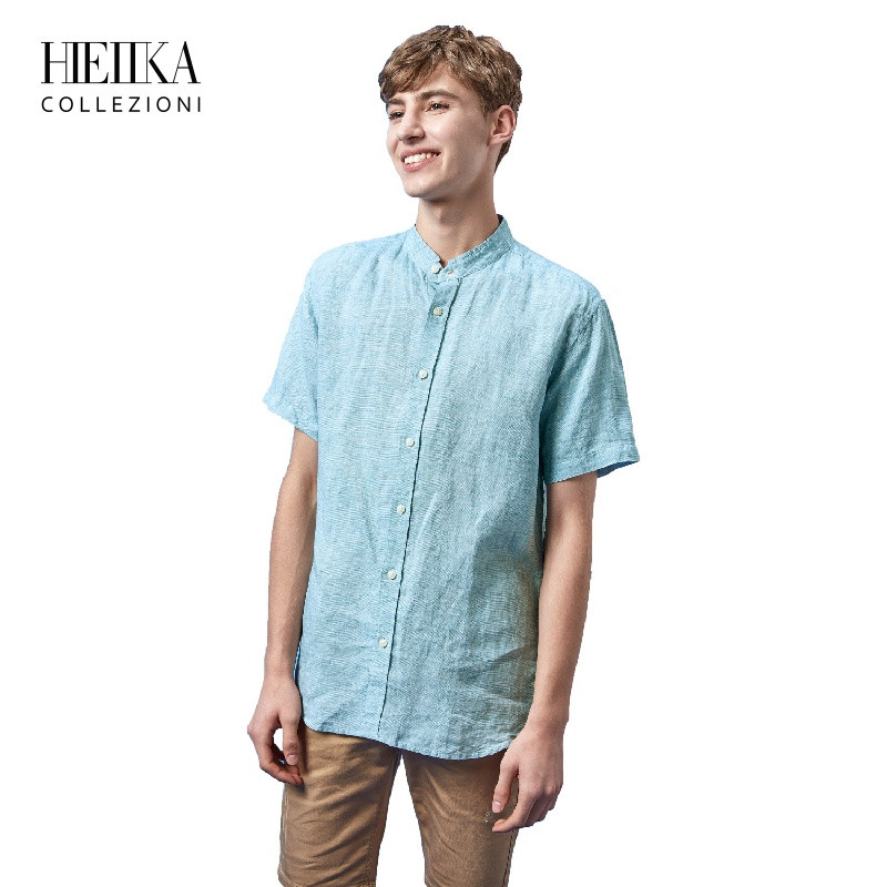 Hieiika海一家男装2019夏季日系风格休闲舒适立领短袖衬衫_1 180/100A 浅绿条纹WC