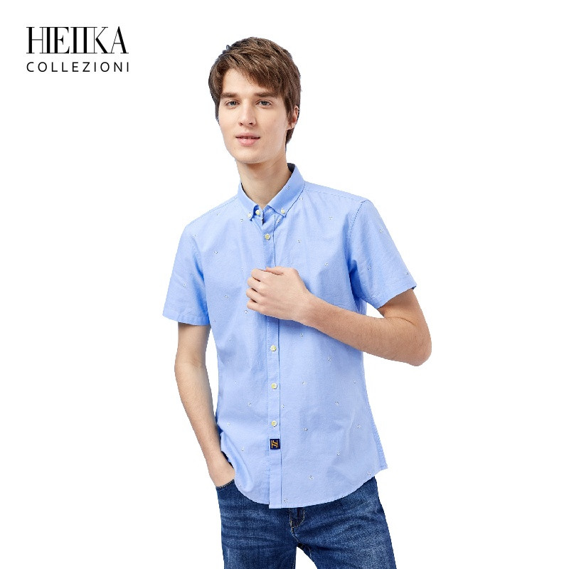 Hieiika海一家男装2019夏季简约休闲清新印字母花日常短袖衬衫_1 165/84A 湖蓝花纹70