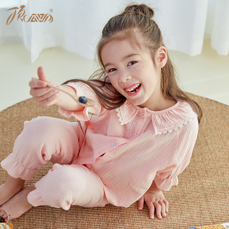 女童睡衣春季顶瓜瓜男童家居服纯棉纱布儿童空调服长袖2019新款_OFJEC8 110cm 粉红色