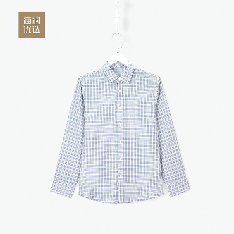 2019春夏男士棉质长袖衬衫格纹上衣休闲衬衣海澜优选 蓝灰格纹07 185/100A