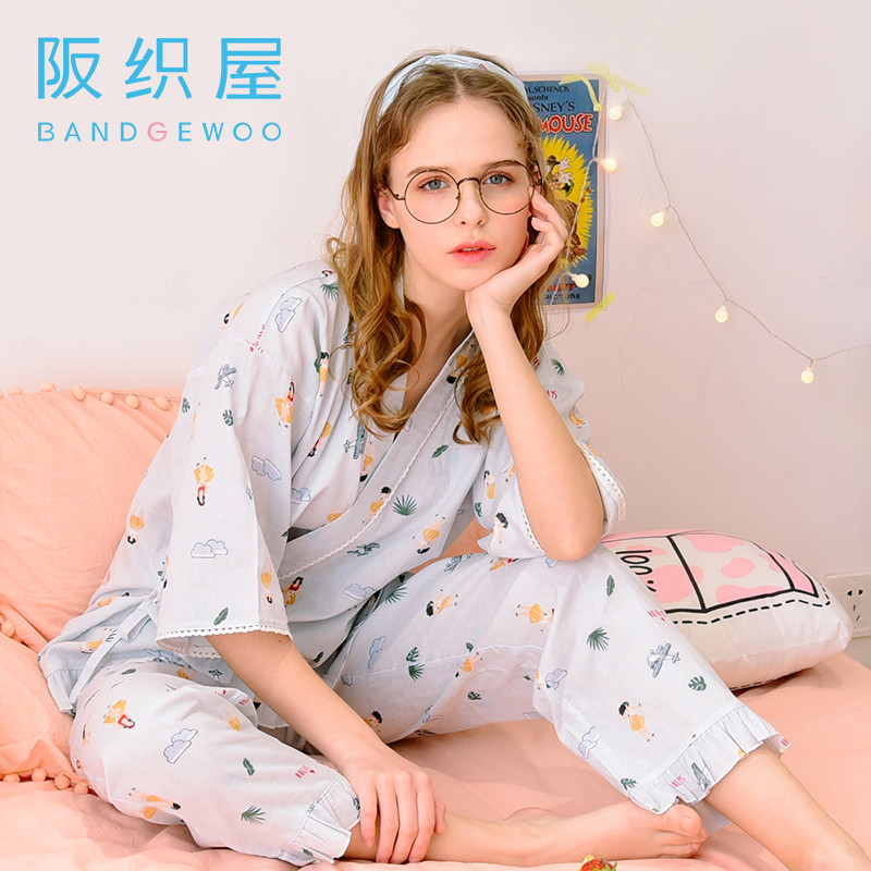 阪织屋睡衣女全棉婴儿纱卡通秋季荷叶边和服套装舒适起居服 L 蓝色