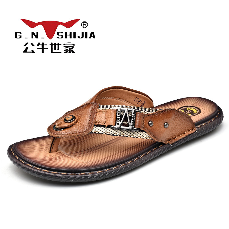 公牛世家(G.N.Shi Jia)男士夏季凉鞋透气舒适休闲凉拖黑色人字拖鞋商务头层牛皮男鞋GN1791 黄棕色 42码