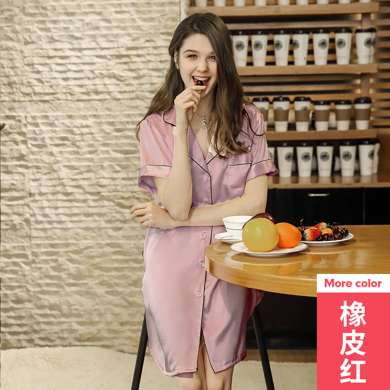 耀婷纺真丝性感女士睡裙夏季丝绸衬衫女性感睡衣家居服_1 L 橡皮红