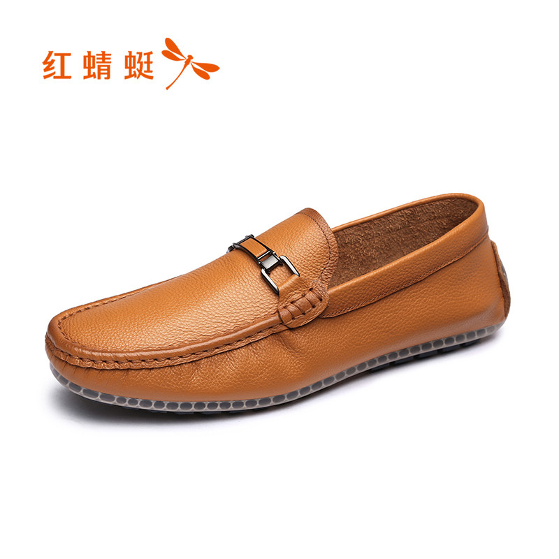 红蜻蜓男鞋2019春新款潮流休闲皮鞋真皮软面豆豆鞋懒人套脚驾车鞋 土黄色 44码