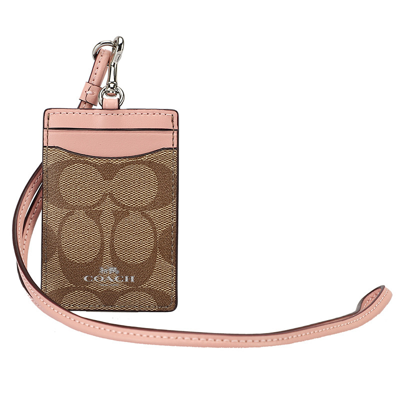COACH 蔻驰 卡套 欧美时尚女士钱包挂脖证件卡套小型竖款卡包 卡其粉色