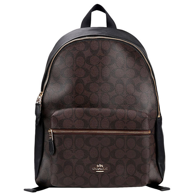 COACH 蔻驰 双肩包 欧美时尚拉链经典C logo双肩背包 深咖配黑色
