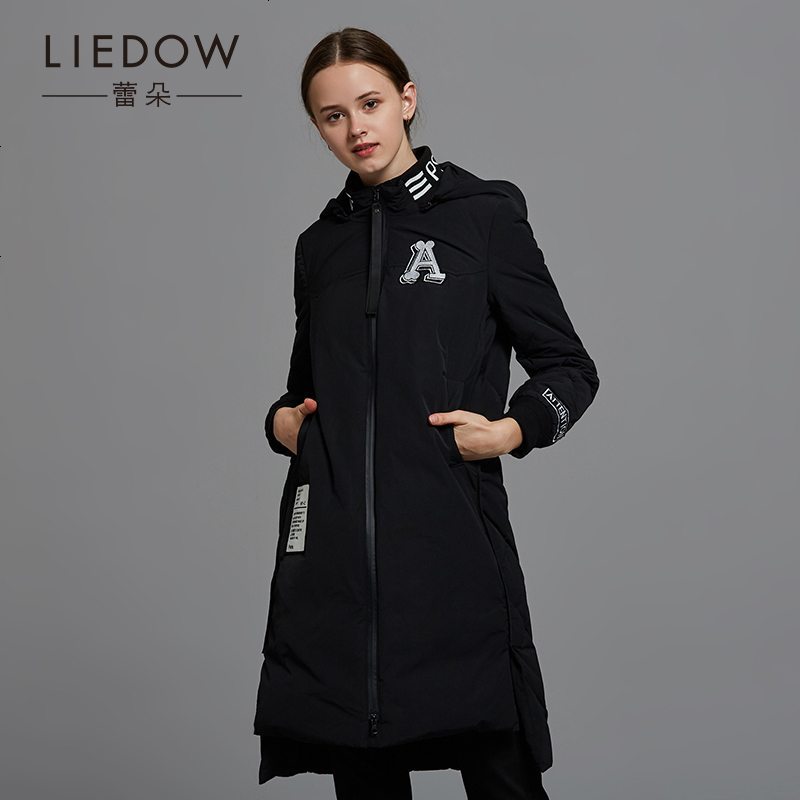 LIEDOW/蕾朵2018秋冬新款连帽黑色中长款羽绒服 时尚保暖淑女外套_835_907 L 黑色