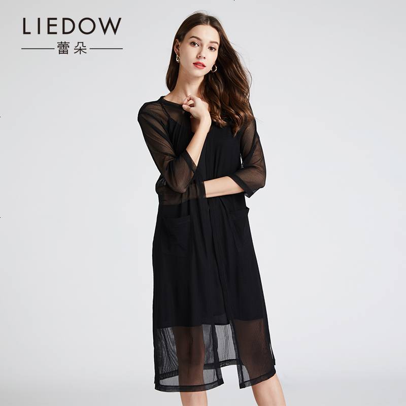LIEDOW/蕾朵外套女2019新款时尚防晒衣女黑色中长款弹力网纱开衫_599_894 L 黑色